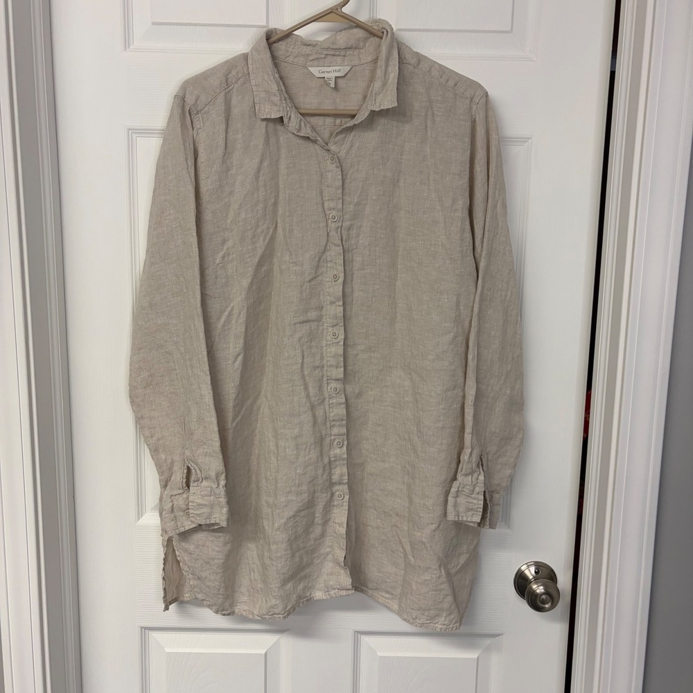 Garnet Hill 100% Linen Long Sleeve Button Down Tunic Shirt Oatmeal Beige XL